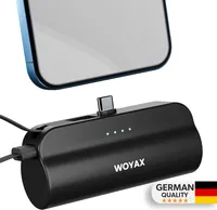 Woyax USB-C-Stecker Mini Powerbank 5000mAh mit internem Type-C-Kabel, tragbares Ladegerät, Schwarz