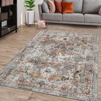 TT Home Wohnzimmer Teppich Kurzflor Marokkanisches Design Ornamente Used Look Bordüre Größe 60x100 cm