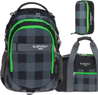 Schulrucksack 3 Teile Set Jungen Mädchen Elephant Hero Signature Rucksack Schulmappe Box 12609 Karo Plaid Grün rsmb