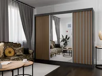 Kleiderschrank Lili mit Lamellen 250 cm inklusive 3 Schiebetüren Schwebetürenschrank Kleiderstange Garderobe Schrank Lieferung bis in die Wohnung (Farbe: schwarz, schwarz, Lamelle wotan, Spiegel)