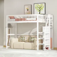 Flieks Etagenbett 90x200cm mit Treppe und Kleiderschrank, Hochbett Jugendbett mit Lattenrost, Kinderbett mit Rausfallschutz, Einzelbett Holzbett, Weiß