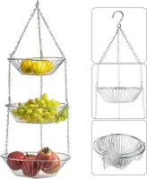3-poziomowy kosz na owoce 74 cm, składany, wiszący, metalowy kosz kuchenny na warzywa (srebrny)