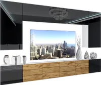 BELINI Wohnwand Vollausstattung Wohnzimmer-Set Moderne Schrankwand mit LED-Beleuchtung Weiß Glänzend Anbauwand TV-Schrank Schwarz / Wotan Eiche Glänzend/Matt