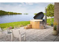 Finntherm Holz Badefass Stockholm aus Thermoholz, Whirlpool, Hot Tub Ø 200 cm, in Anthrazit, 8 Personen, inkl. Edelstahl-Ofen (30 kW, Schwimmbecken, Badebottich, Sprudelbad
