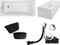 Badewanne Rechteck Set 5in1 140x70 mit Premium Ablaufgarnitur und Füßen GRATIS + Wannenträger + Kopfstütze in Schwarz | BADLAND OPTIMAZ