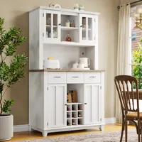 MODFU Vitrinen Hochschrank mit Verstellbaren Ablagen, Aufbewahrungsmöbel Vitrinenschrank mit LED-Beleuchtung für Wohnzimmer, Küche, Küchenbuffet, Weiß