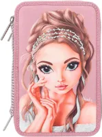 Depesche 12522 TOPModel Glitter Queen - Gefüllte 3-Fach Federtasche mit Glitzersteinen auf der Front und verziertem Rücken, Federmäppchen mit Buntstiften, Lineal, Schere uvm.