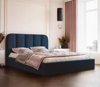 Polsterbett Astrid 180x220 mit zwei Bettkästen und abgerundetem, gestreiftem Kopfteil - Metallrahmen - Piano 28 Blau
