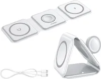 HUXGO Wireless Charger 3-in-1 Faltbarer Magnetisch, Kabelloses QI Ladestation für Handy, iPhone und SmartWatch, Tragbar Aufladestation, weiß