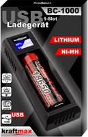 Kraftmax BC-1000 USB Akku Ladegerät für 18650 | 26650 | 14500 | 16340 | CR123 | 3,7V Lithium Akkus - Neueste Version mit Li-Ion Smart Charging