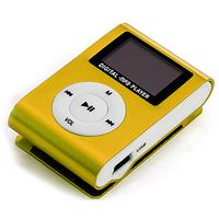 Mini MP3 přenosný hudební přehrávač s kovovým pouzdrem a klipem na zadní straně, mini LCD displej, zlatá barva