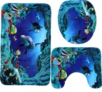 3pcs Blue Ocean Delphin Badezimmer Nicht-Schlupf-Podest Teppich Toilettenabdeckung Bad Matte Set