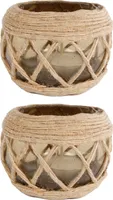 2 Stück Rivanto® Teelichthalter "Jute" aus Glas, Größe S Ø9 x H8cm, Windlicht, Teelichthalter mit Juteschnur
