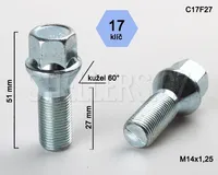 Kolový šroub M14x1,25x27 kuželový, klíč 17, C17F27, výška 51