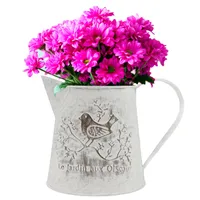 BELLE VOUS Vintage Blumentopf Metallvase Retro 13 cm - Französische Milchkanne Deko Landhausstil mit Griff - Rustikale Vintage Blumenvase mit Vogel
