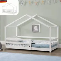 DELUKE® Kinderbett 90x200 cm TRUDA - mit Lattenrost und Fallschutz | Kiefernholz, Haus-Design | Einzelbett Hausbett Kinderzimmer Bodenbett Montessori Bett | Weiß