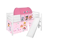 Kinderbett JELLE 3054 weiß mit schräger Rutsche & Vorhang Paw Patrol rosa Spielbett 200x90 cm