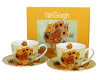 DUO ART GALLERY 2er-Set Tassen 280 ml SUNFLOWERS mit Untertassen, New Bone China Porzellan
