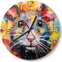 DEQOART Glasuhr Ø30 cm Zahlen 'Maus im Farbrausch' Wanduhr Glas Uhr Design leise Küchenuhr