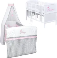 Baby-Delux Babybett Kinderbett Natalie Princess 140×70 Weiß Beißschienen Komplett Bettset Princess Grey Stars mit Matratze
