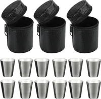 12 Stück Edelstahl Schnapsgläser 30ml, Pinnchen Shotgläser, Shot Glas Stamper, inklusive Leder-Tasche mit Reißverschluss, Schnaps-Becher