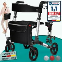 ELONEO Rollator faltbar und leicht mit Sitz, Leichtgewicht-Reiserollator aus Aluminium, Gehhilfe 8-fach höhenverstellbar, Laufhilfe faltbar, Silber