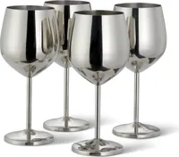4 sklenice na víno z nerezové oceli, 500 ml sklenice na víno Robustní a nerozbitné poháry, vhodné do přírody, na kempování, k bazénu, na cesty, stříbrné, 4 ks