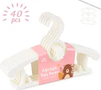40 Kinderkleiderbügel Babykleiderbügel Ausziehbare, Kleiderbügel Kinder mit Stapelbaren Bärchen-Haken, Kunststoff, Antirutsch Platzsparende Weiß