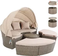 CASARIA® Sonnenliege Sonneninsel Wetterfest mit Teleskoptisch 185cm 2 Personen Relaxliege mit Dach Gartenmöbel Set Balkon Gartenliege Outdoor Creme
