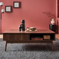sweeek - Skandinavischer Couchtisch mit geriffeltem Holzdekor, 2 Nischen, 1 Schublade - Dunkles Holz