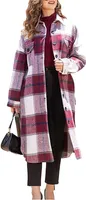 ASKSA Damen Kariertes Lange Hemdjacke Taschen Knöpfen Langarm Holzfällerjacke Mantel, B Weinrot, XL