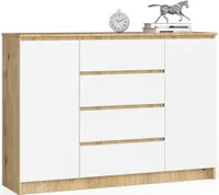 Kommode AKORD K140 Eiche Artisan 138 cm 2 Türen 4 Schubladen 4 Ebenen Front Weiß B138 x H99 x T40 cm