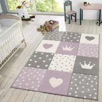 TT Home Kinder Teppich Spielteppich Karos Punkte Sterne Herzen Pastell Lila Grau Größe 200x290 cm