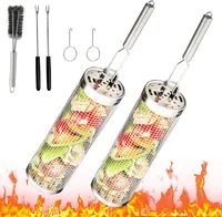 Grillkorb, 2er Set Zylindrischer Grillkorb, Rolling Grilling Basket, Edelstahl Rollender Grillkorb, BBQ Grillzubehör,  für Pommes,Fleisch,Fisch