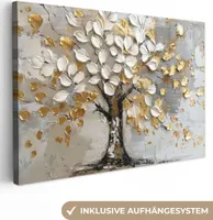 Leinwand Bilder 120x80 cm - Lebensbaum - Beige - Grau - Gold - Abstrakt, Bilder, Wanddeko Wohnzimmer