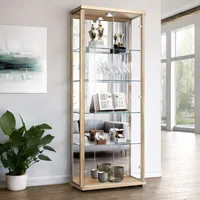 K-Möbel Glasvitrine stehend in Buche Nachbildung (176x67x33 cm) mit 4 höhenverstellbaren Glasböden, Spiegel, Schloss & LED - Standvitrine - Vitrinenschrank