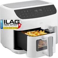 MEDION P20 XXL Heißluftfritteuse mit 2 Kammern (8,7 Liter, Airfryer, 2.600 Watt, Doppelkammer, 9 Automatikprogramme, 2 Schubladen, Sichtfenster, Dualer Airfryer, Dual Cook & Sync-Finish Funktion) weiß