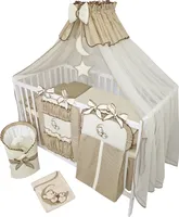 Babybettwäsche Komplettset 14 Teilig ohne Bett für Bettchen in Größe 70x140 aus 100% Baumwolle bestickt mit einem Teddybär auf Mond inkl. Moskitonetz Dunkelbeige