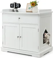 GOPLUS 3 in 1 Katzentoilettengehäuse, Katzentoilette mit Schubladen, Doppeltüren und Katzenlöchern, versteckte Katzentoilette, Katzenstreu-Beistelltisch, Weiß