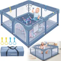 LZQ Laufstall für Baby Laufgitter Kinder 130x130x66cm Sicherheitsspielplatz Schutzgitter mit Weichem Netz, Bällen, Mini-Körbchen und 4 Zugringen (Grau)