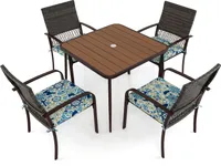 COSTWAY Gartenmöbel Set Polyrattan für 4 Personen, Sitzgruppe mit Tisch, 4 Rattanstühle & Kissen, Tischplatte mit Schirmloch, Sitzgarnitur, Essgruppe