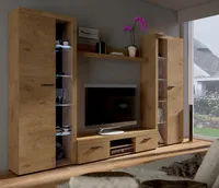 Wohnwand RUMBA XL Schrankwand TV-Schrank Wandregal 2xVitrine Wohnzimmer Anbauwand 300 cm Eiche Lefkas