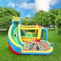 MODFU Hüpfburg mit Rutsche, Wasserpool, Sprungbereich und Fußballnetz, 5 in 1 Aufblasbare Hüpfburg für Kinder von 3-10 Jahren, 364x315x239 cm, Blau