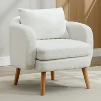 Fortuna Lai Čalouněné křeslo s polštářem Lounge Chair Sofa s plyšem Teddy, masivní dřevěné nohy, do obývacího pokoje, ložnice, bílé, 75 x 69 x 71 cm