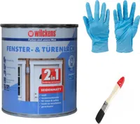 2in1 Türen und Fensterlack weiss inkl. Pinsel von E-Com24 zum Auftragen und 1 Paar Nitrilhandschuhe (2 in 1 375 ml seidenmatt)