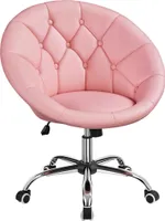 Yaheetech runder Drehstuhl mit Rollen, Schreibtischstuhl ergonomisch, Schminktisch Stuhl mit getuftetem Sitz, verstellbare Sitzhöhe 37 – 47 cm, Rosa