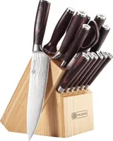 PAUDIN Messerset 14-teilig – Profi Messerblock – Kochmesser, Brotmesser, Steakmesser – Hochwertiger Kohlenstoffstahl – Damastmuster & extrascharf