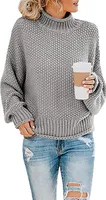 ASKSA Damen Strickpullover Einfarbig Rollkragenpullover Pullover Pulli Knit Sweatshirt, Grau, L