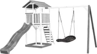 AXI Beach Tower Spielturm aus Holz in Weiß & Grau | Spielhaus für Kinder mit grauer Rutsche, Nestschaukel und Sandkasten | Stelzenhaus für den Garten