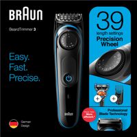 Braun BT3940TS Herren-Barttrimmer und Haarschneider, mit Neopren Kulturtasche,39 Längeneinstellungen, schwarz/blau